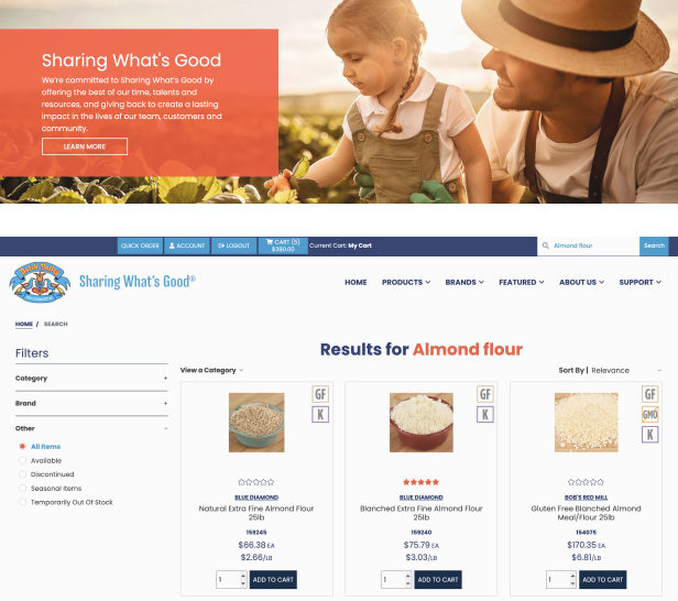 Dutch Valley Foods page banner and product listing page Screen shot showing an About Us banner as well as a product listing page on the site