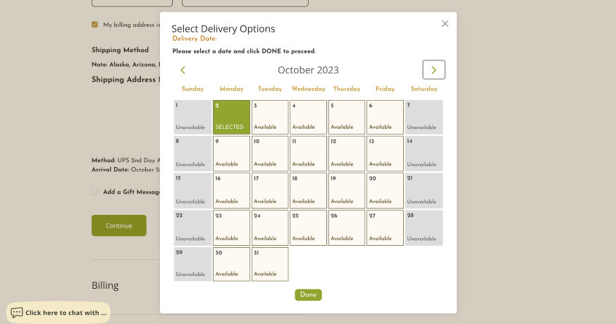 Lake Champlain Chocolates delivery options screen Lake Champlain Chocolates delivery options screen