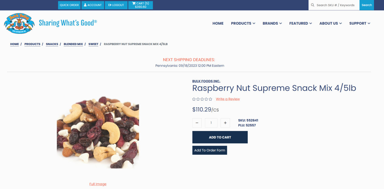 Dutch Valley Foods product page Screen shot of Dutch Valley Foods site featuring Raspberry Nut trail mix