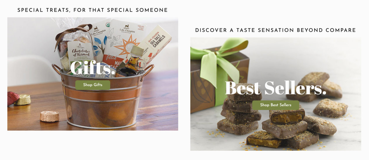 Lake Champlain Gifts and Best Sellers Screen shot of Lake Champlain Chocolates Gifts and Best Sellers dual call to action row